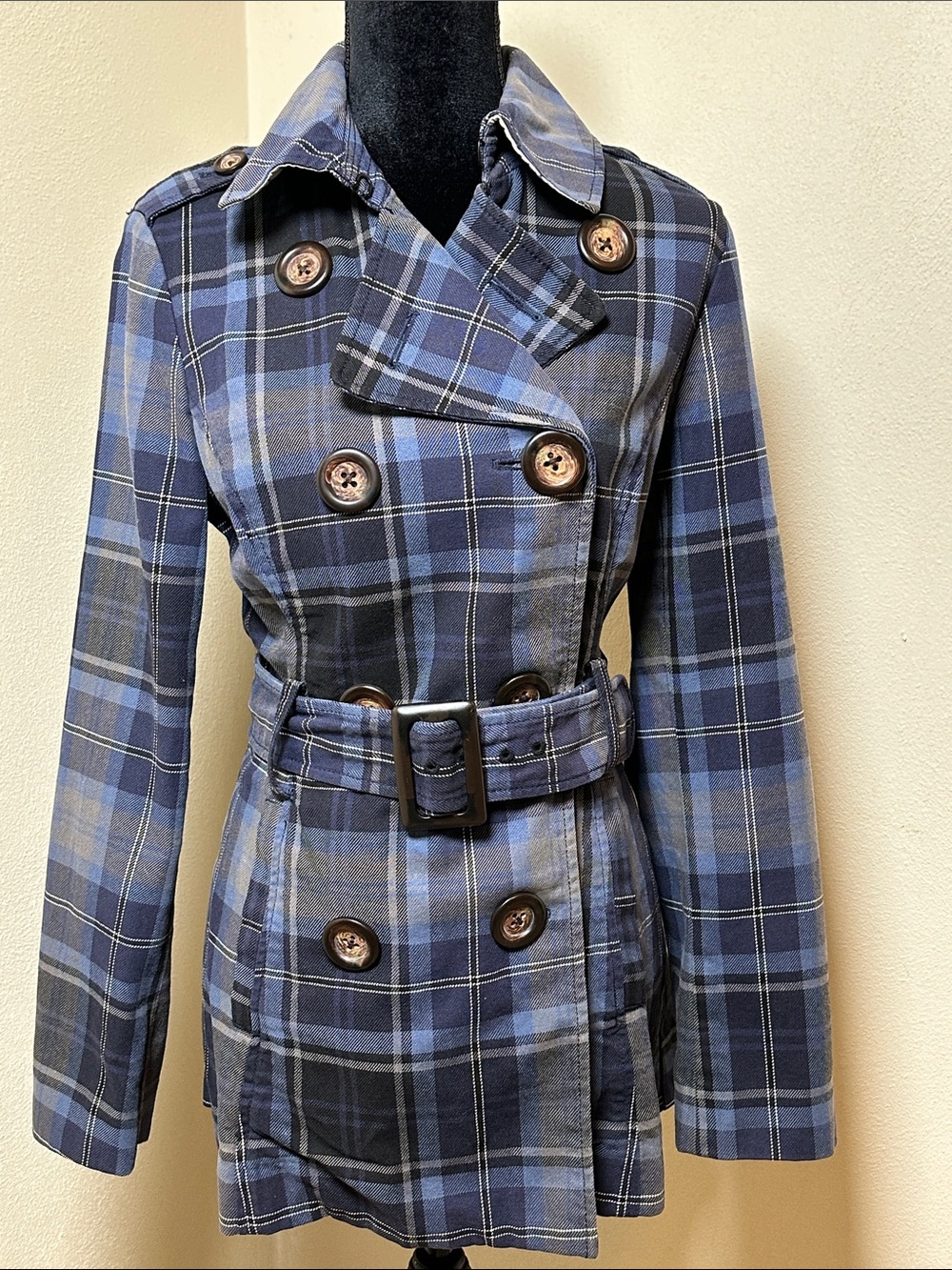Tommy Hilfiger Navy Plaid Double-Breasted Trench with Belt Sz M